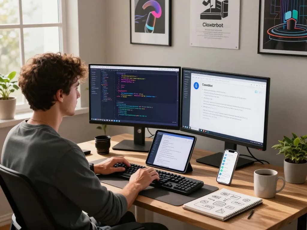 Developer using Clawdbot on dual monitors in a modern workspace, showcasing productivity and tech innovation.