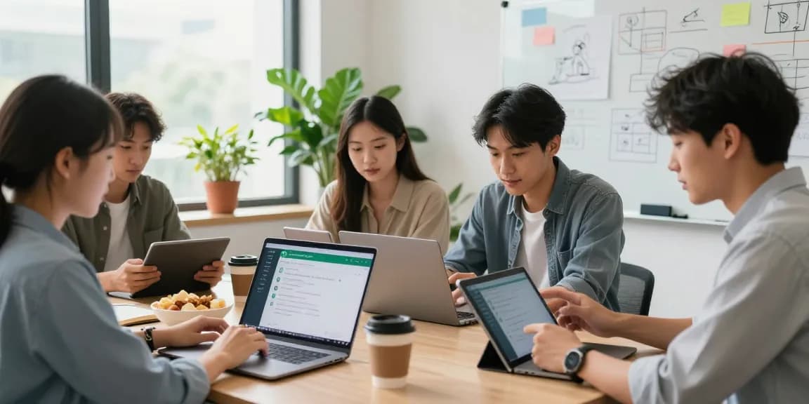 Team collaborating using WhatsApp網頁版 in a modern office.