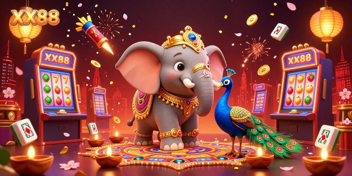 Engage in dynamic gaming action at XX88 with vibrant slot machines and festive imagery.
