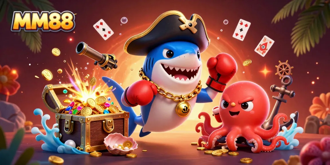 Engage with gaming at MM88 featuring a pirate shark, pufferfish, and octopus amidst treasures and casino elements.