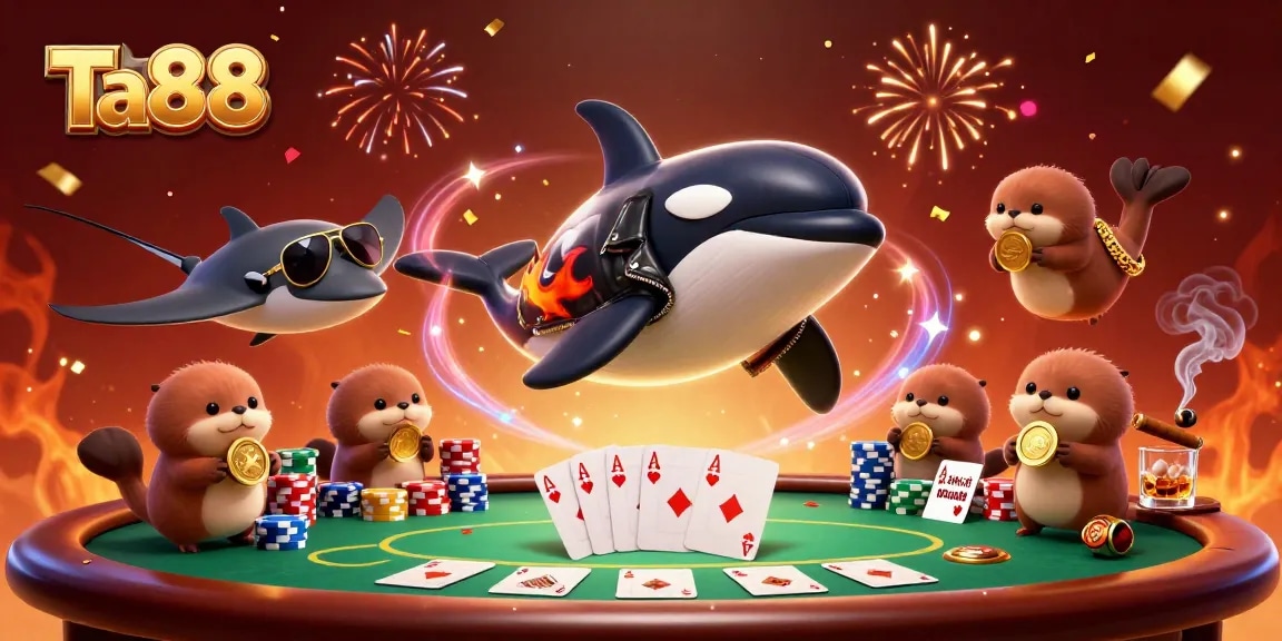Ta88 highlights an engaging 3D scene with characters celebrating a high-stakes poker night.