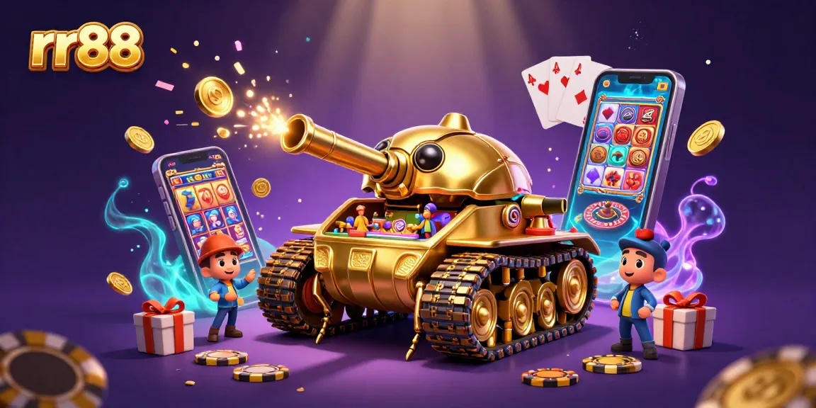 Experience excitement with rr88's cartoon casino tank bursting with games and confetti!