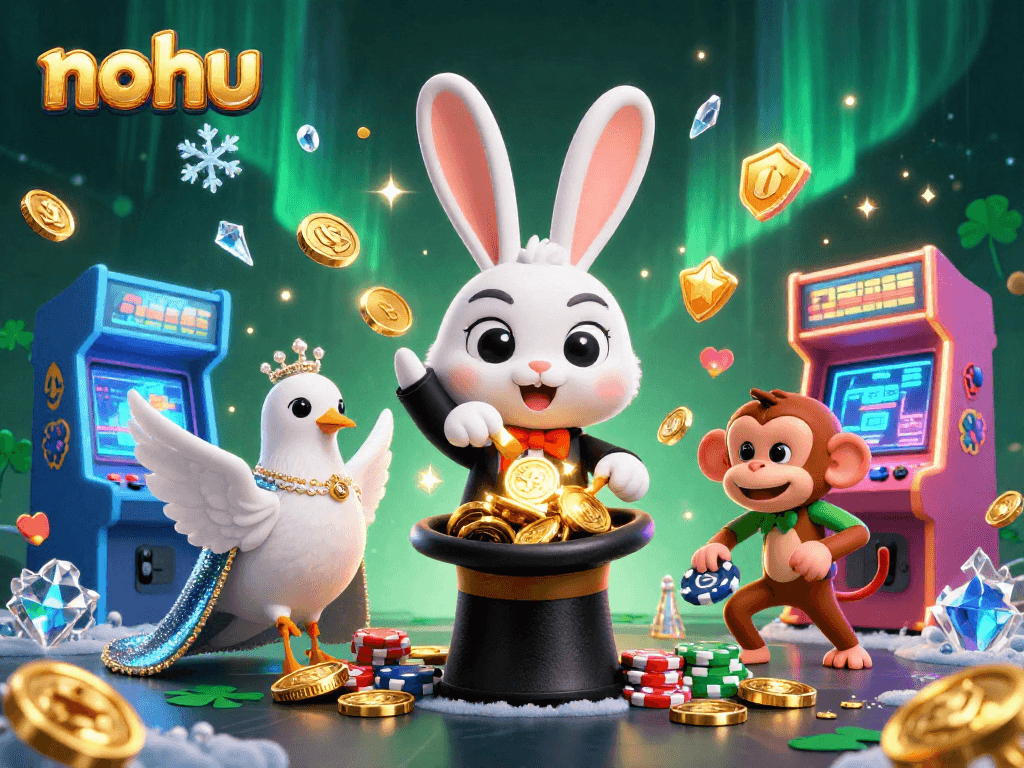 Nohu presents a vibrant casino adventure scene with a magician rabbit, enchanted coins, and exciting game elements.