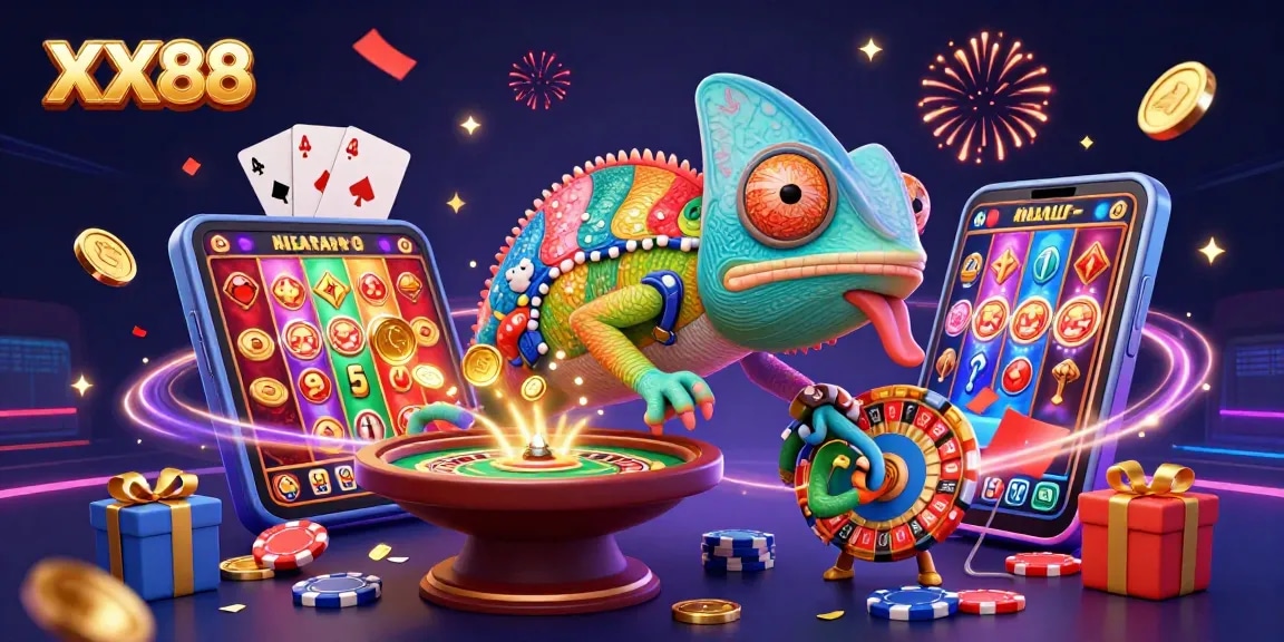 Engage with thrilling casino gaming at XX88 featuring vibrant chameleon and energetic elements.