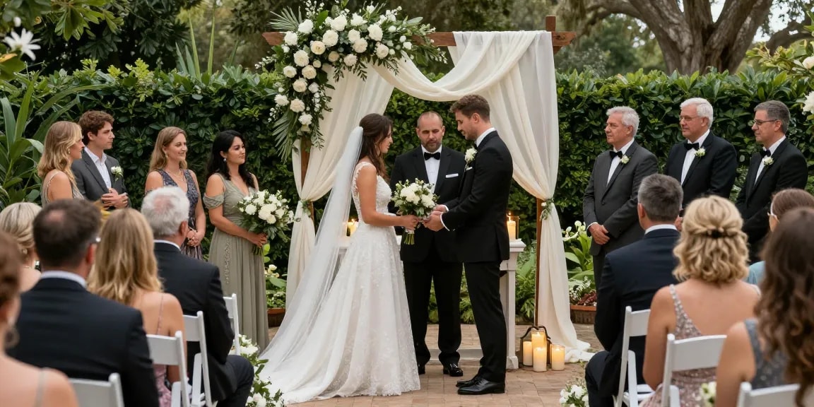 Religious wedding venue with couple exchanging vows at rokok88 login ceremony, surrounded by elegant decorations and guests.
