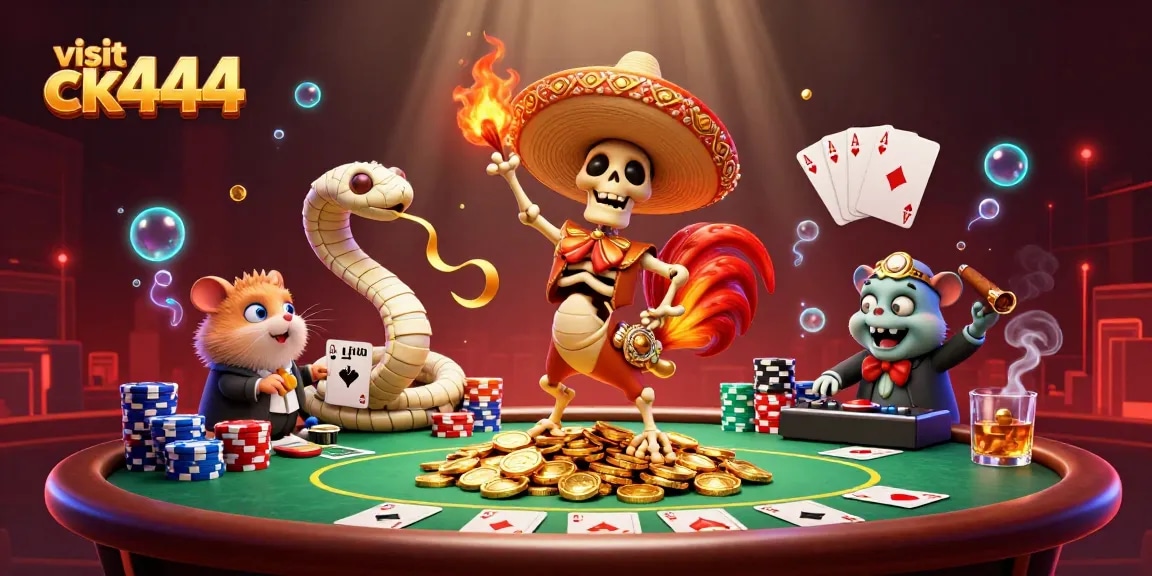 Visit ck444 for an exciting online casino experience with animated characters in a vibrant scene.