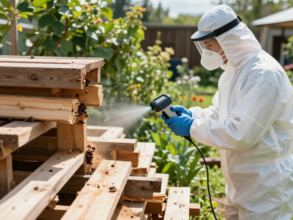Esperto che utilizza la sterilizzazione al microonde per eliminare i coleotteri del legno in un ambiente da giardino