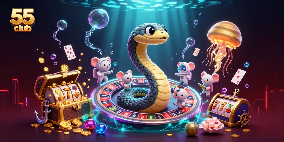 Engage in thrilling gameplay at 55 club with a vibrant cosmic scene depicting astronaut mice placing bets.