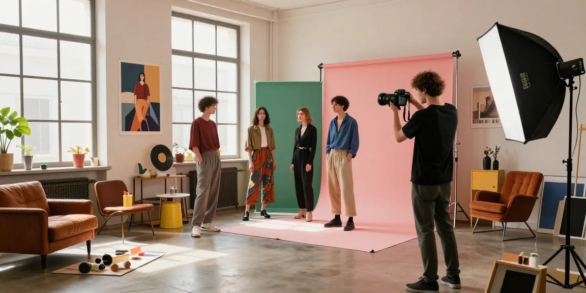 Studio fotografico Milano che mostra un vivace servizio fotografico di moda con modelli diversi e sfondi creativi.