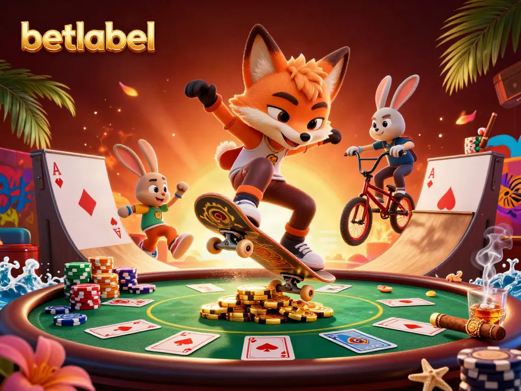 Experience thrilling bets with betlabel illustrated through dynamic characters and casino elements.