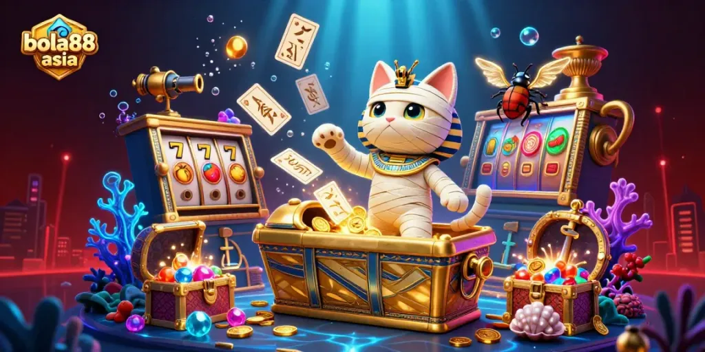 Experience thrilling gameplay at bola88 asia with a vibrant 3D illustration of an Egyptian mummy cat and rich casino elements.