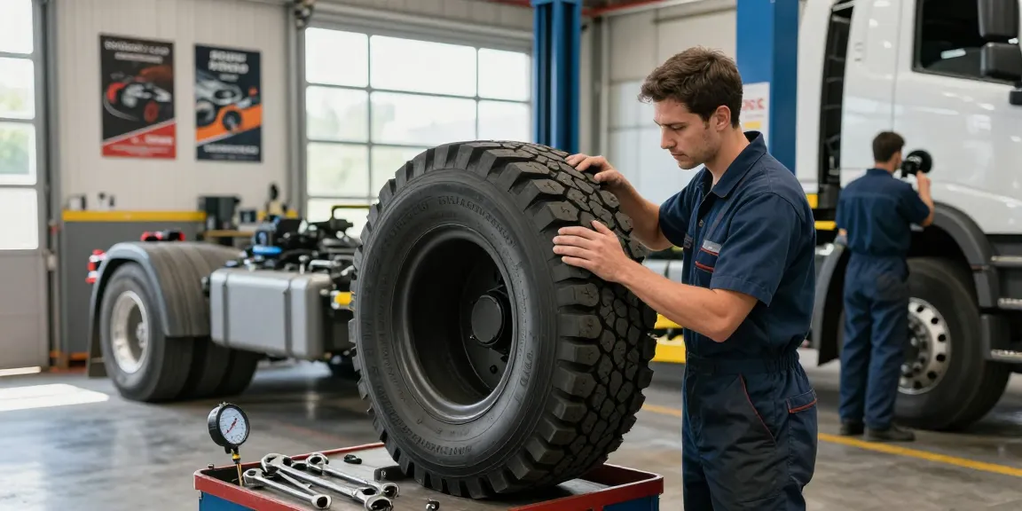 Mechanic inspecting Double Coin RR99 tire in busy automotive service garage, emphasizing tire quality and maintenance