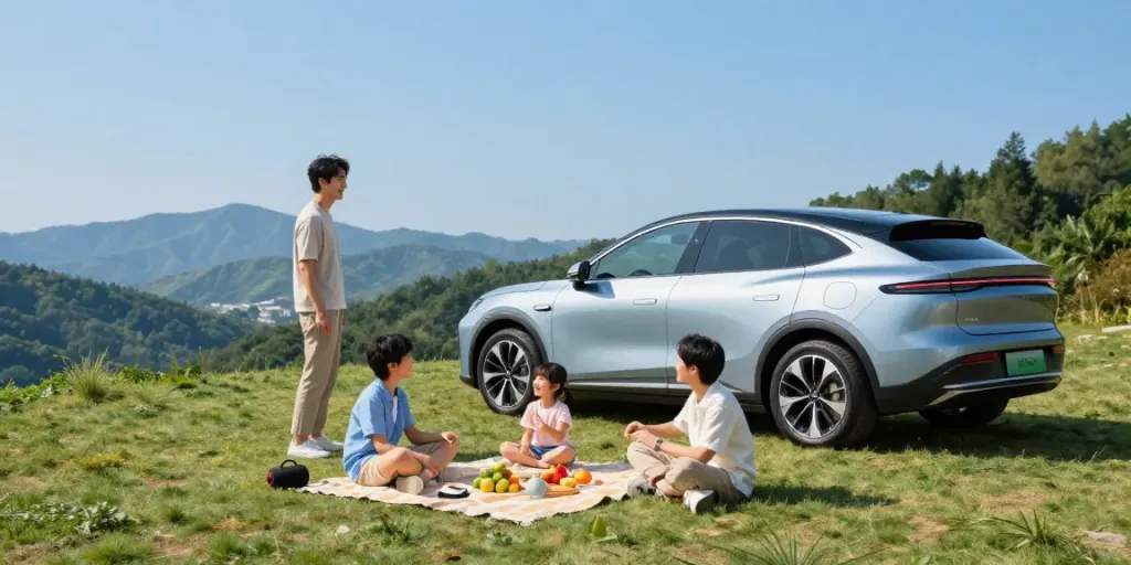 Noleggio lungo termine Leapmotor: famiglia felice in un'escursione con il veicolo elettrico Leapmotor, picnic in un bellissimo paesaggio montano.