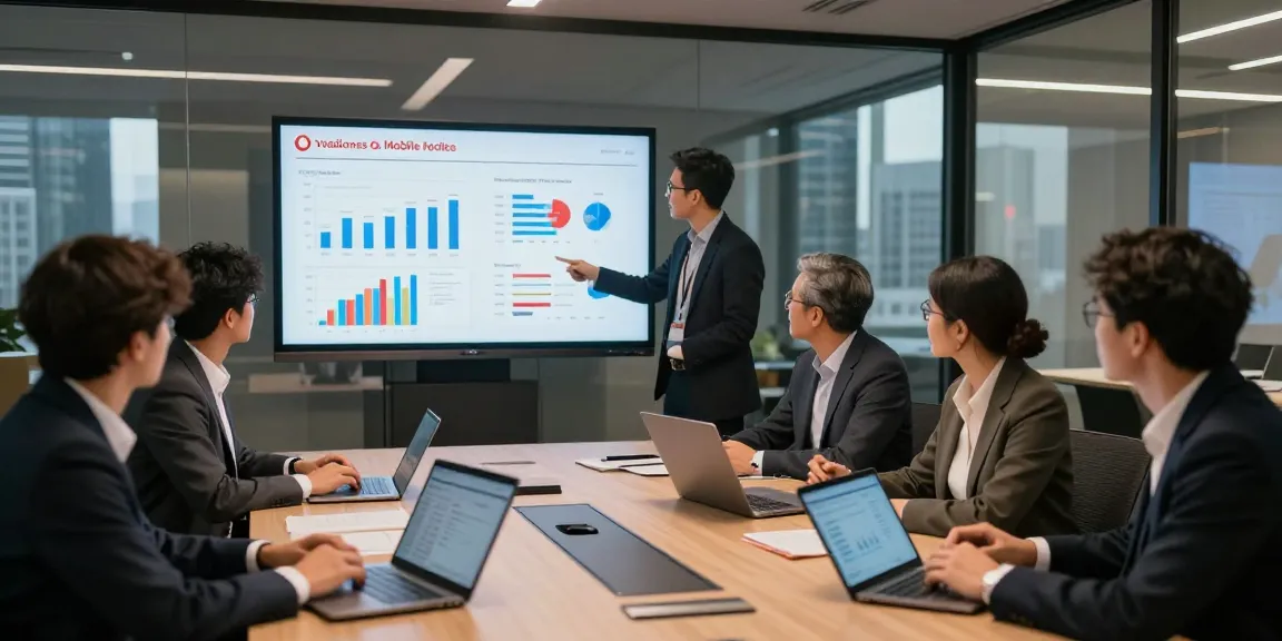 Business meeting comparing Vodafone vs O2 business mobile with diverse team analyzing data.