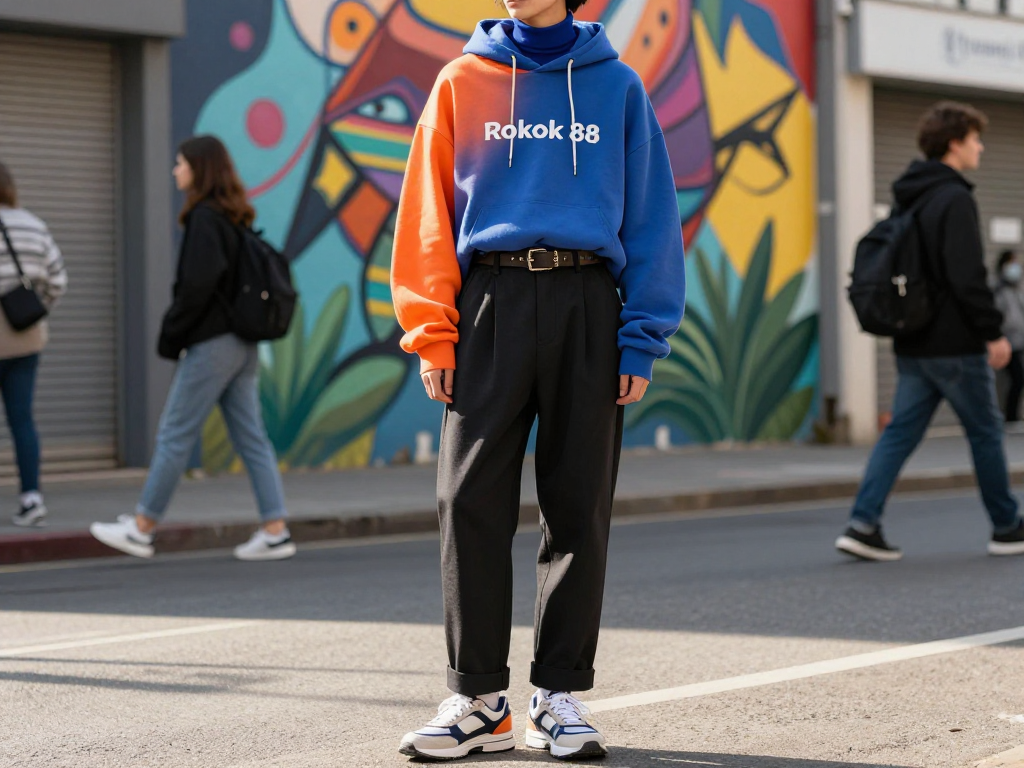 Stylish Rokok 88 fashion model in urban setting showcasing trendy clothing and vibrant street art.