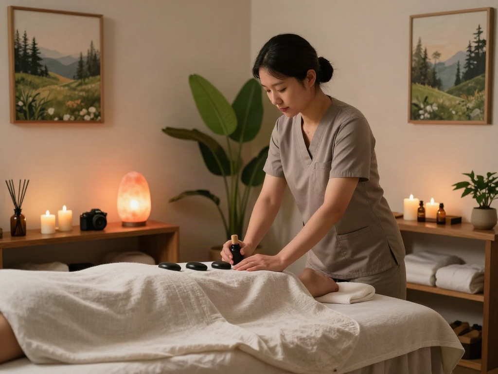 Experience the calming environment of 천호동출장마사지 in a serene wellness retreat, showcasing a massage therapist and soothing decor.