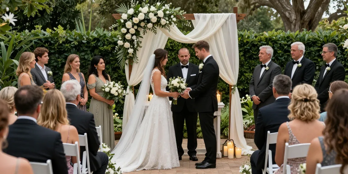 Religious wedding venue with couple exchanging vows at rokok88 login ceremony, surrounded by elegant decorations and guests.