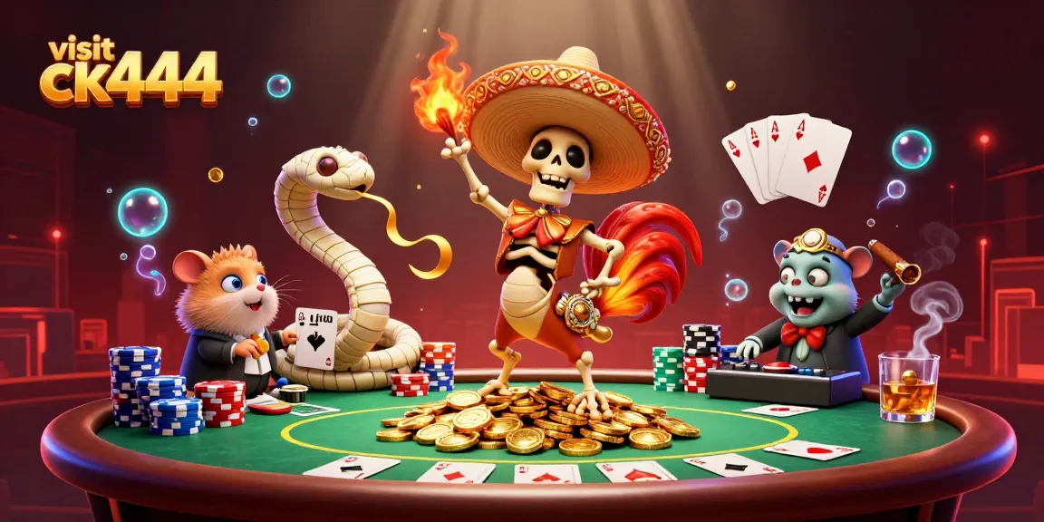 Visit ck444 for an exciting online casino experience with animated characters in a vibrant scene.