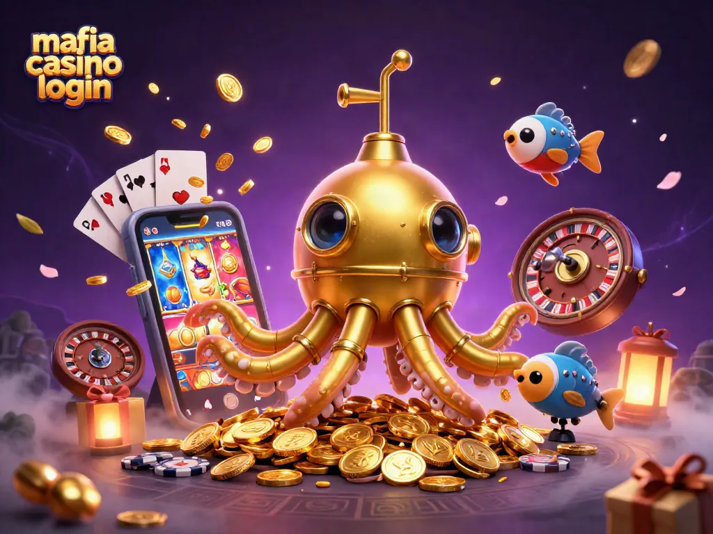 Experience the thrill of mafia casino login with a dynamic scene featuring a golden kraken and mechanical fish!