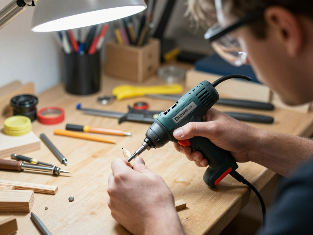 Dremel 8260 in uso su legno e metallo, attrezzatura da lavoro creativa e sicura.