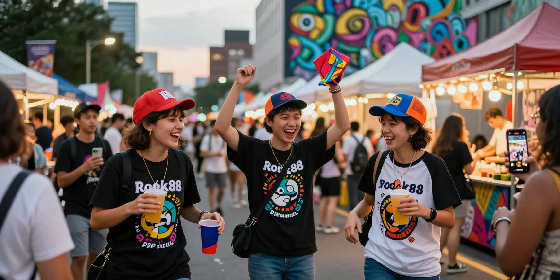 Youth celebrating at a street festival wearing vibrant rokok88 merchandise.