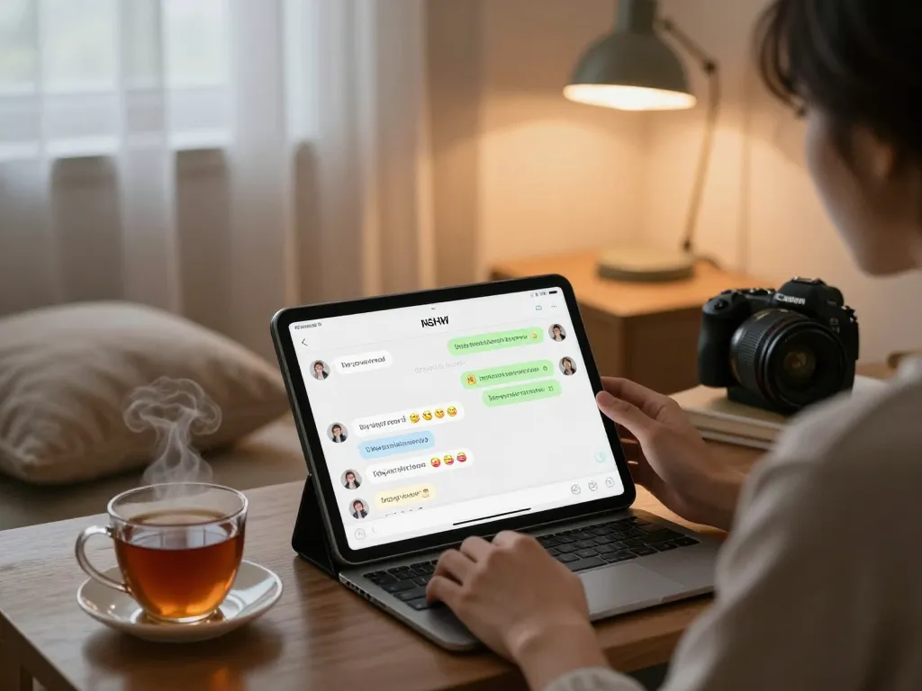 Engaging illustration of an nsfw ai chat on a tablet in a cozy home office environment.