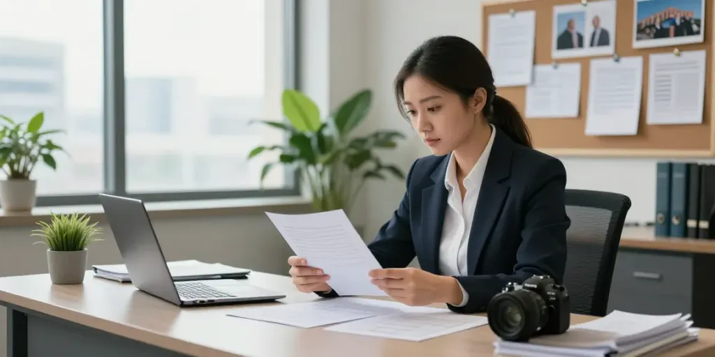 Investigative office with 흥신소 굿탐정 reviewing evidence at desk.
