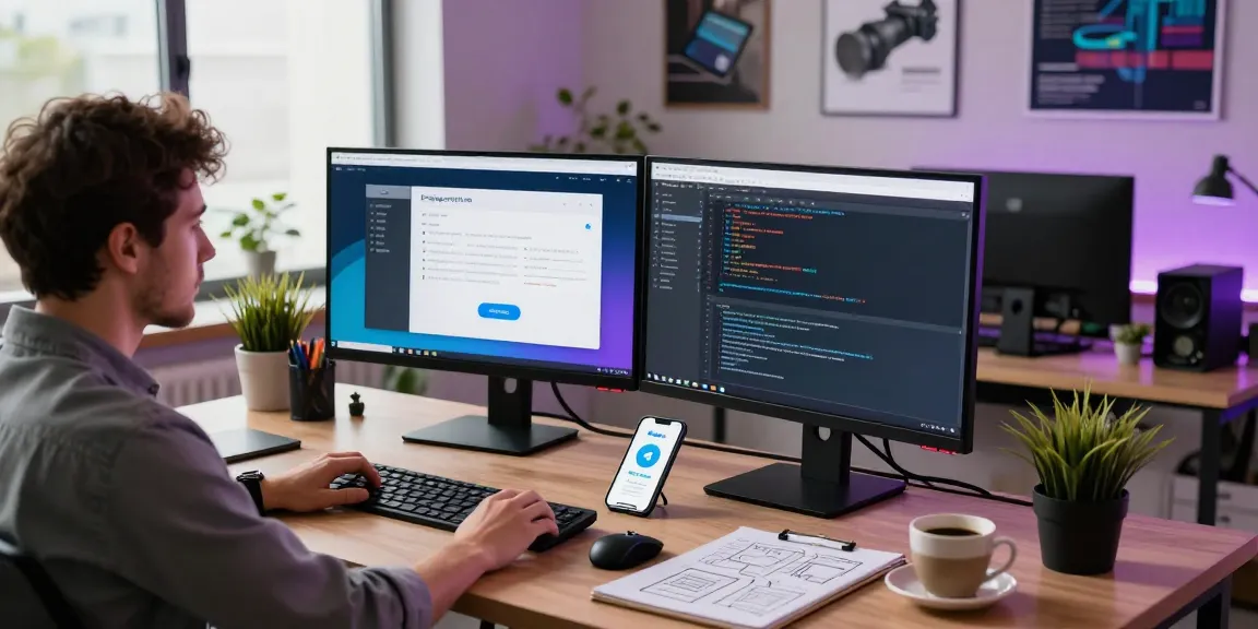 Exploring the Telegram web version in a modern workspace with coding and design elements.