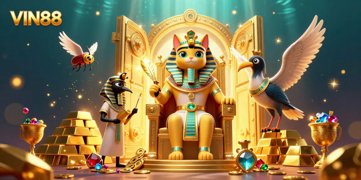 Experience the excitement of VIN88's gaming universe with a vibrant 3D casino illustration featuring treasures.