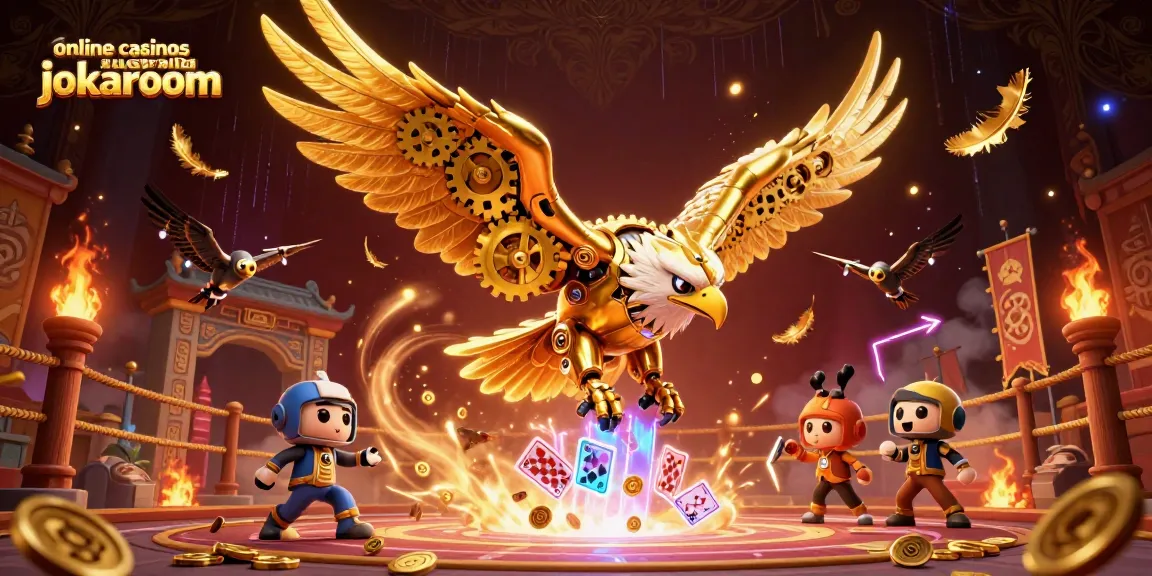 Experience the thrill of online casinos Australia Jokaroom with a golden eagle soaring over holographic cards and vibrant game elements.