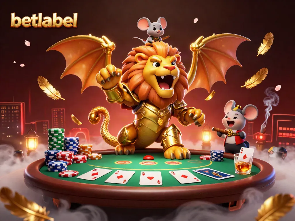 Engage in thrilling poker games at betlabel with a vibrant chimera character and dynamic casino elements.