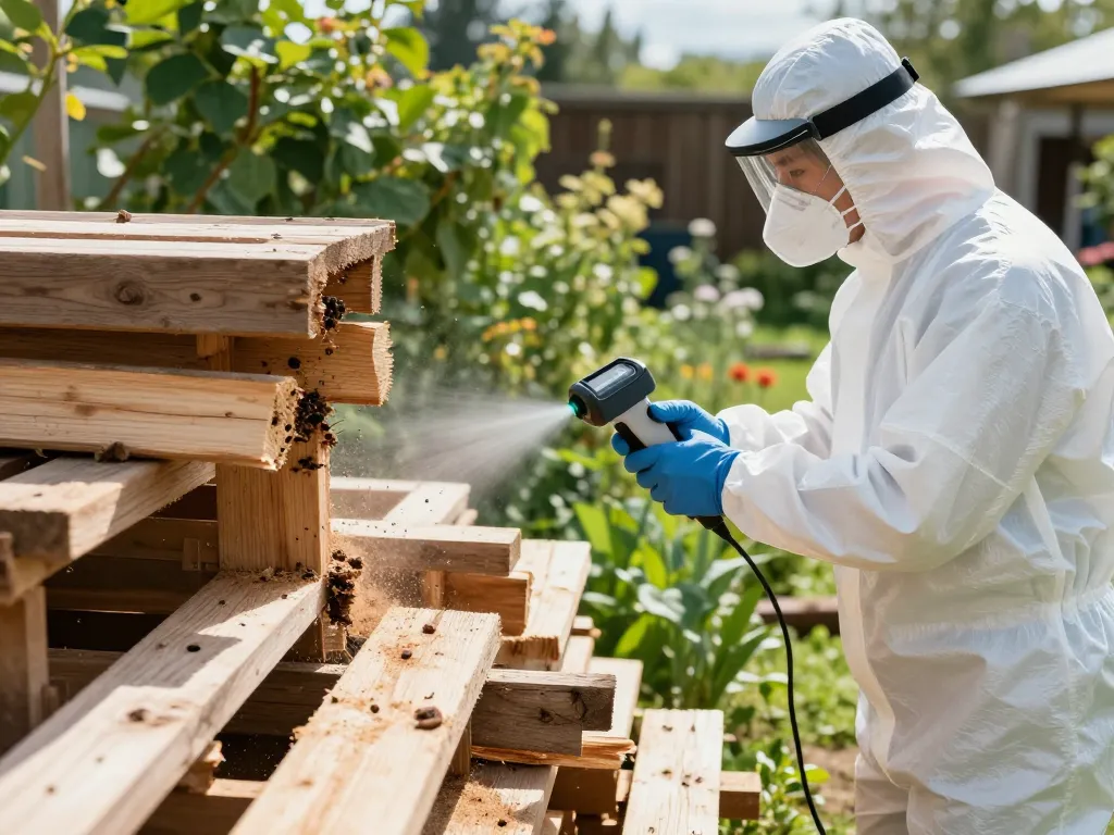 Esperto che utilizza la sterilizzazione al microonde per eliminare i coleotteri del legno in un ambiente da giardino