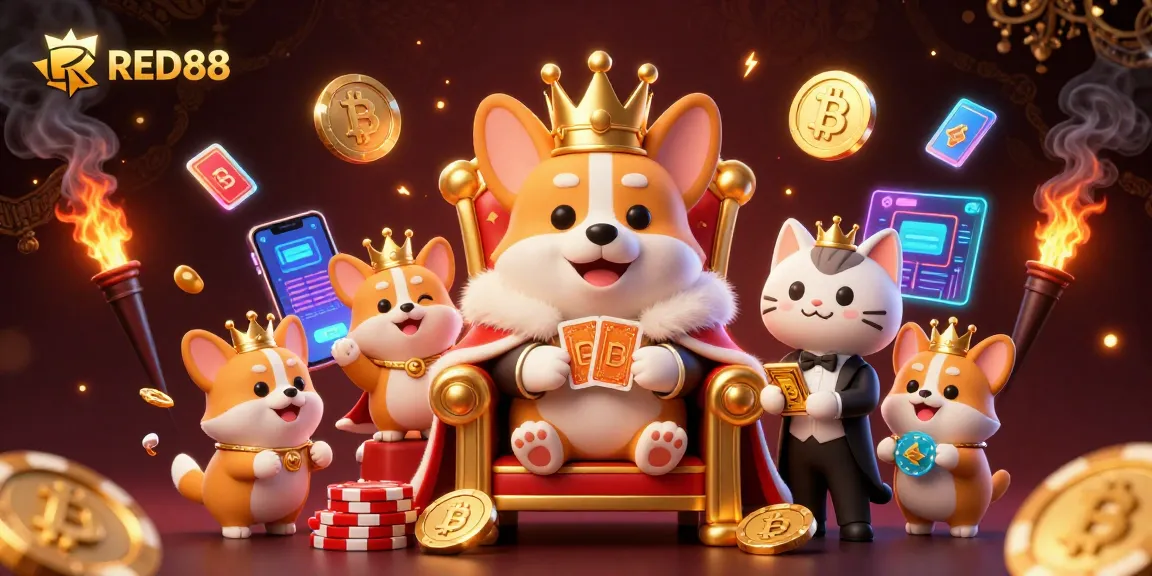 Bet on RED88 with 3D cartoon royal corgi in a casino, showcasing vibrant gaming elements.
