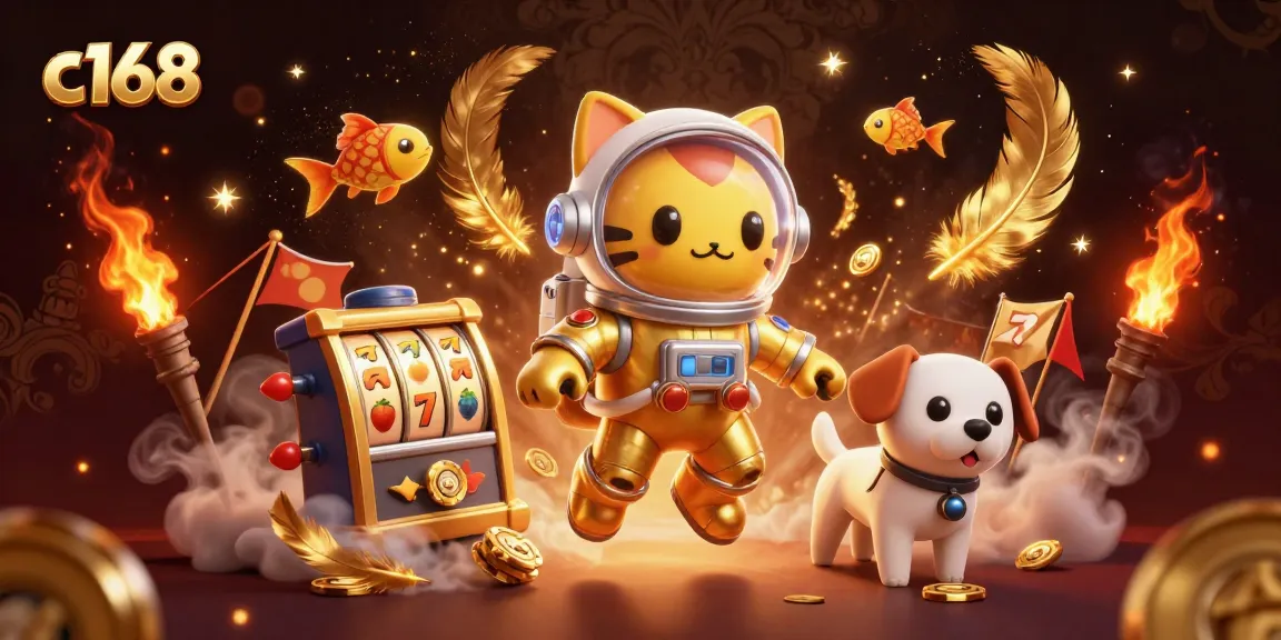 C168 engages players with colorful 3D casino action featuring slot machines, fiery tokens, and vibrant characters.