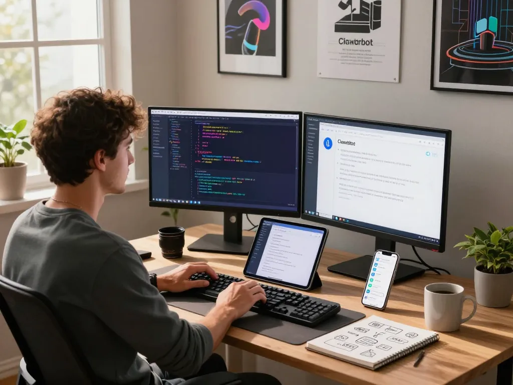 Developer using Clawdbot on dual monitors in a modern workspace, showcasing productivity and tech innovation.