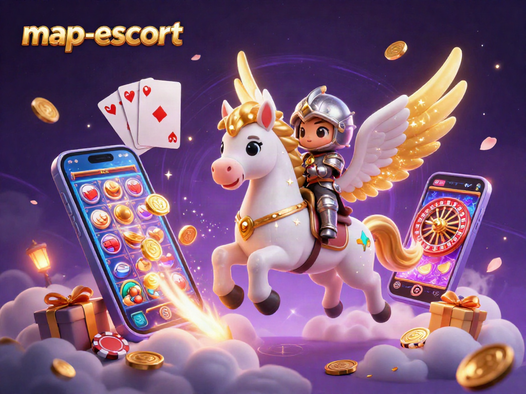 Experience thrilling gameplay with map-escort as golden coins and colorful slot games flow through a magical scene.