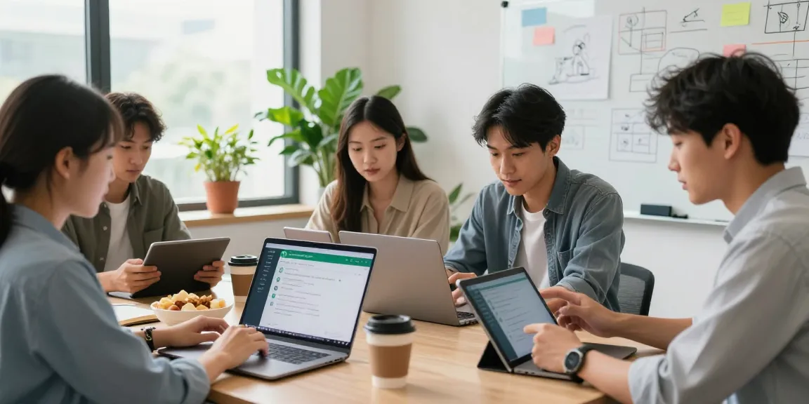 Team collaborating using WhatsApp網頁版 in a modern office.