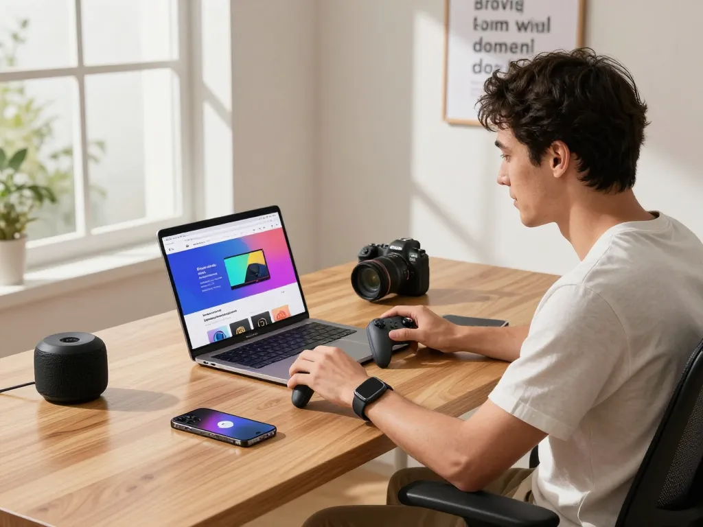 Exploring cool tech gadgets under $141 in a stylish home office with Bluetooth devices.