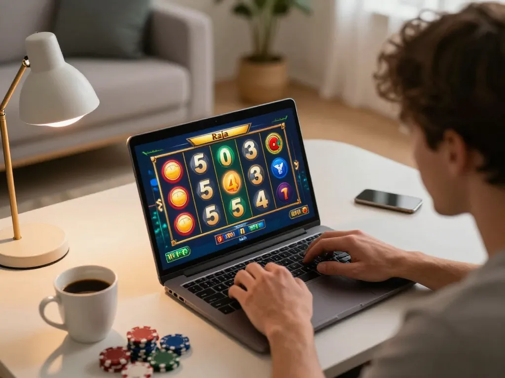 Player engaging in raja slot game on laptop, showcasing immersive online gaming experience.