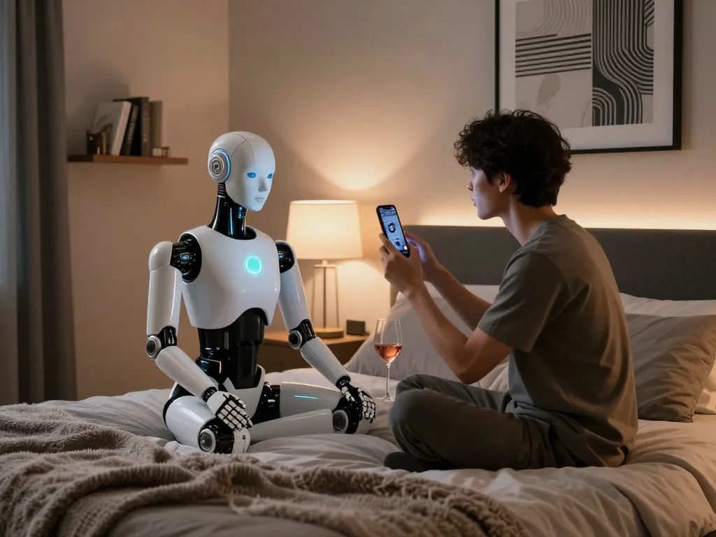 Realistic sex bot interacting intimately in a modern bedroom setting, showcasing advanced AI features.