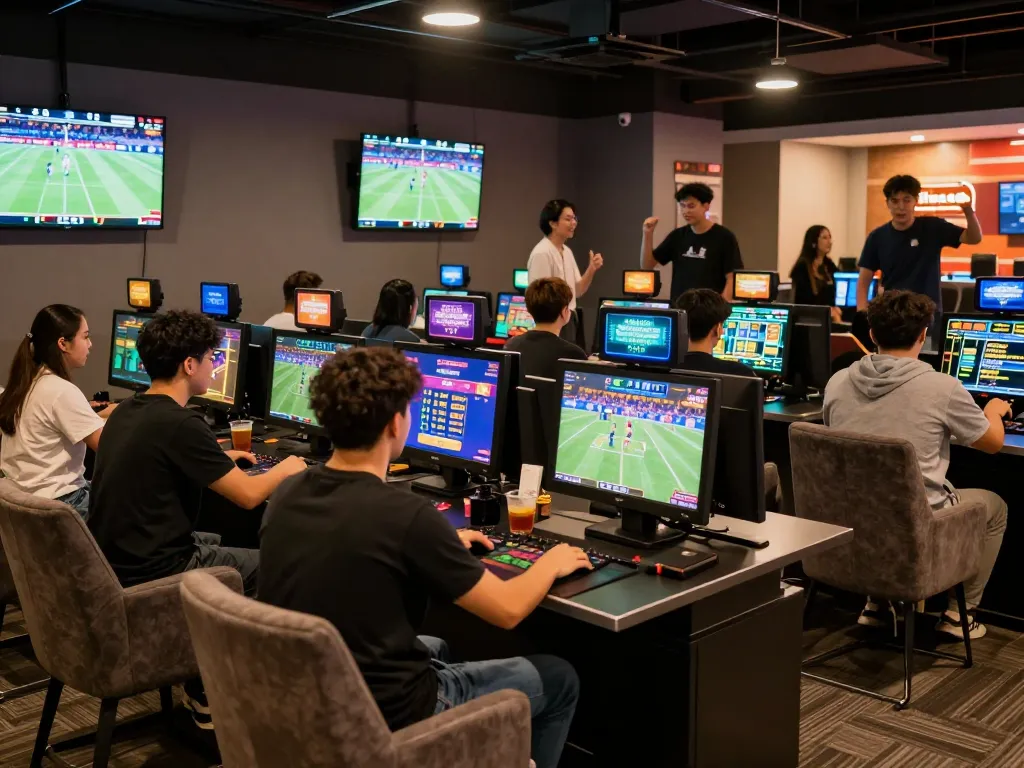 Exciting MM88 online gambling lounge with diverse players engaged in betting.