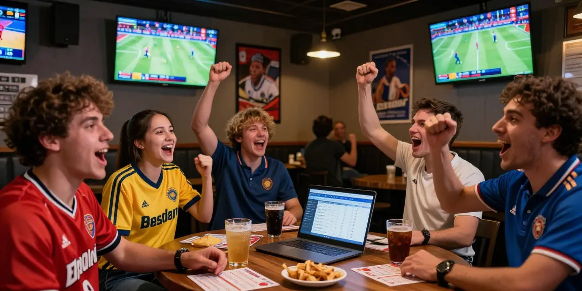 Friends enjoying live sports betting with BetLabel in a lively sports bar.