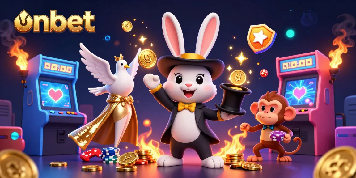 Experience the magic of onbet with a 3D scene featuring a magician rabbit, dove, and poker chips.