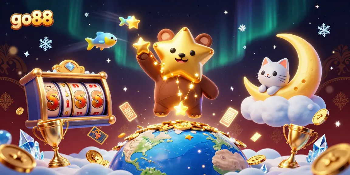 Engage in thrilling gaming at go88 with dynamic slot reels, golden trophies, and shooting stars.