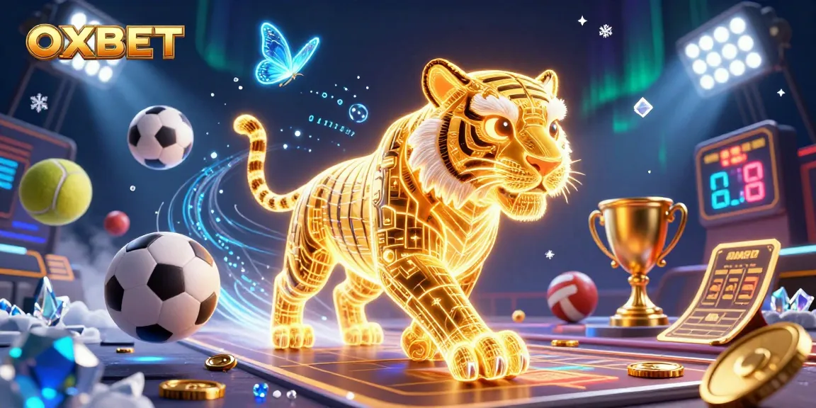 Experience OXBET's casino thrills with a golden tiger navigating a dynamic betting landscape full of sports action.