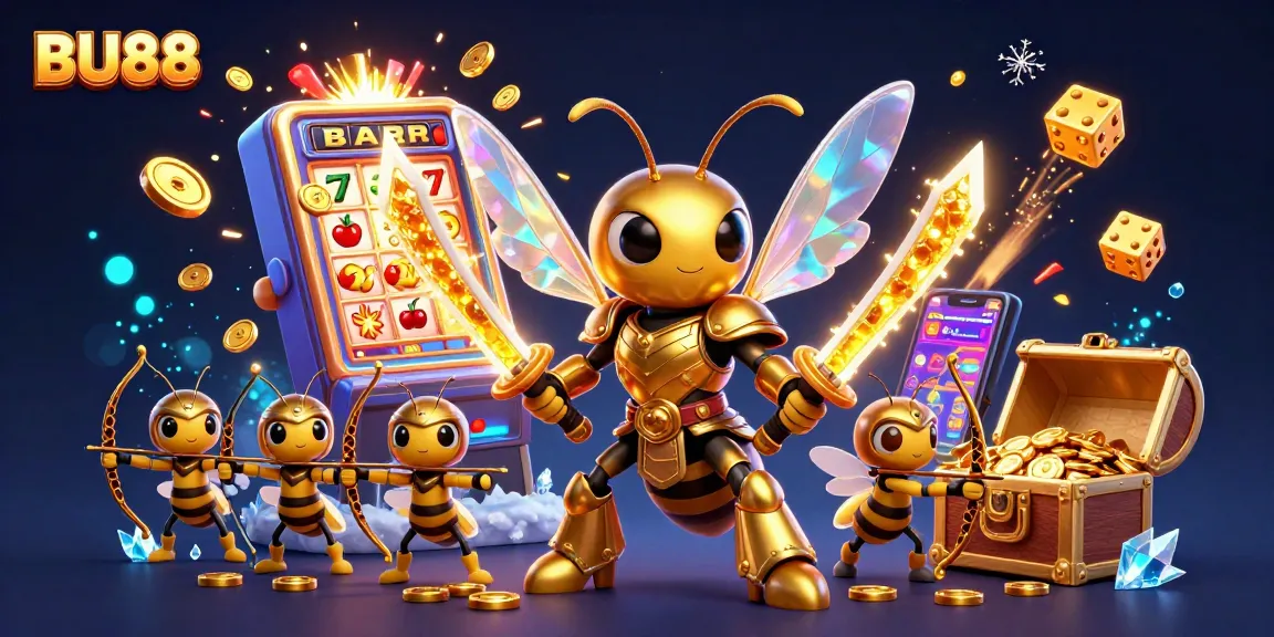 Experience the thrill of BU88 with a vibrant 3D casino illustration featuring a hornet and exciting slot machine action.