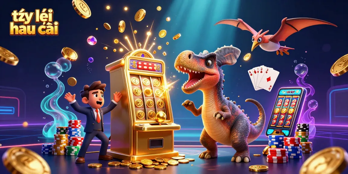 Tỷ lệ nhà cái showcased as a vibrant 3D cartoon scene with dinosaurs and casino elements creating action-packed excitement.