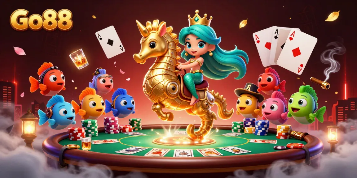 Engage with Go88's vibrant gaming world featuring colorful characters and casino elements.