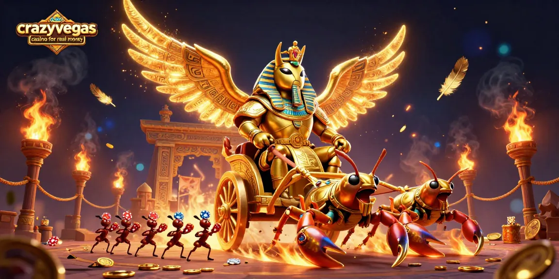 Engage with the exciting atmosphere of crazyvegas casino for real money, featuring a vibrant chariot scene with glowing golden elements and poker chips.
